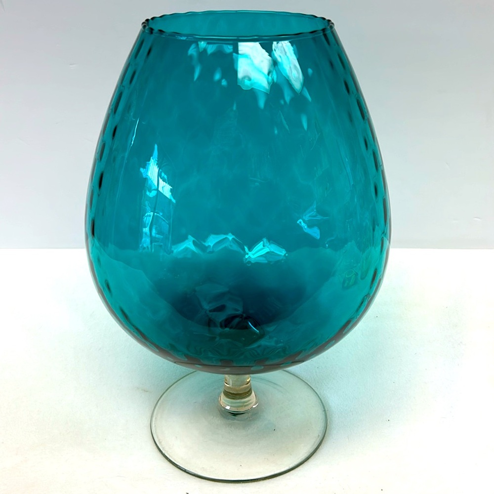 Vintage hand blown turquoise glass 12.5” JUMBO sized diamond optic snifter
